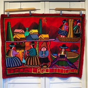Colourful wall hanging tapestry from Bolivia or Peru Lake Titicaca souvenir